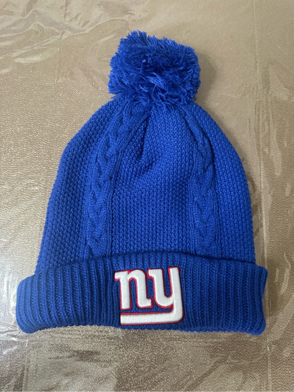 NFL Blue Pom Knit Cuffed Beanie with NY Logo